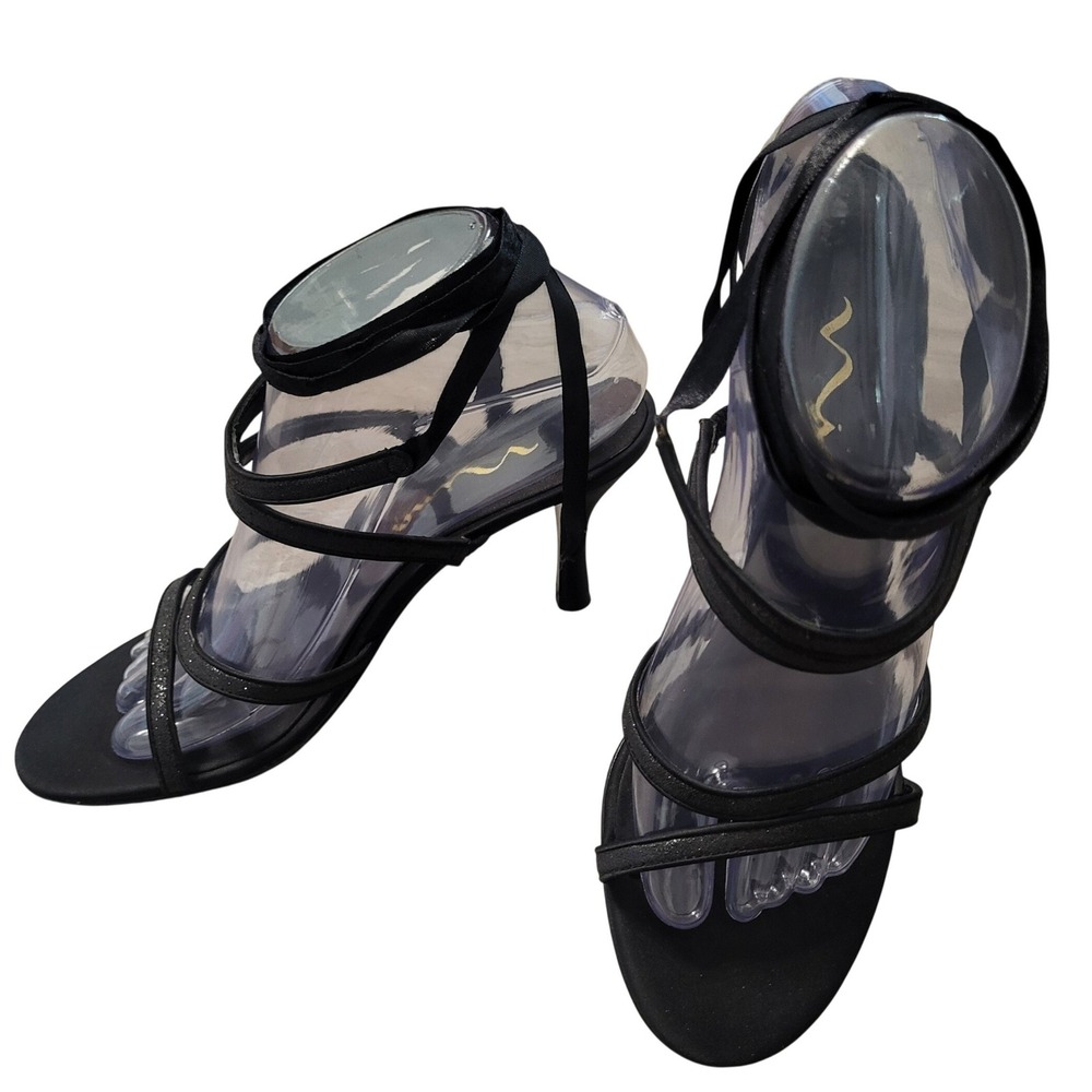 Nina Womens Black Strappy Satin Ribbon Tie Stiletto Heels Size 8.5 Formal Shoes